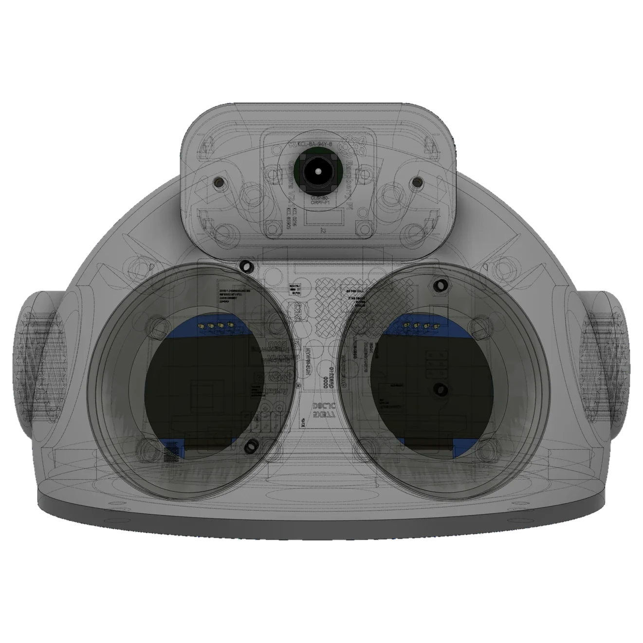 Obward's head seen head-on: two large circular optics under a
                              domed shell, with a camera module mounted above them.