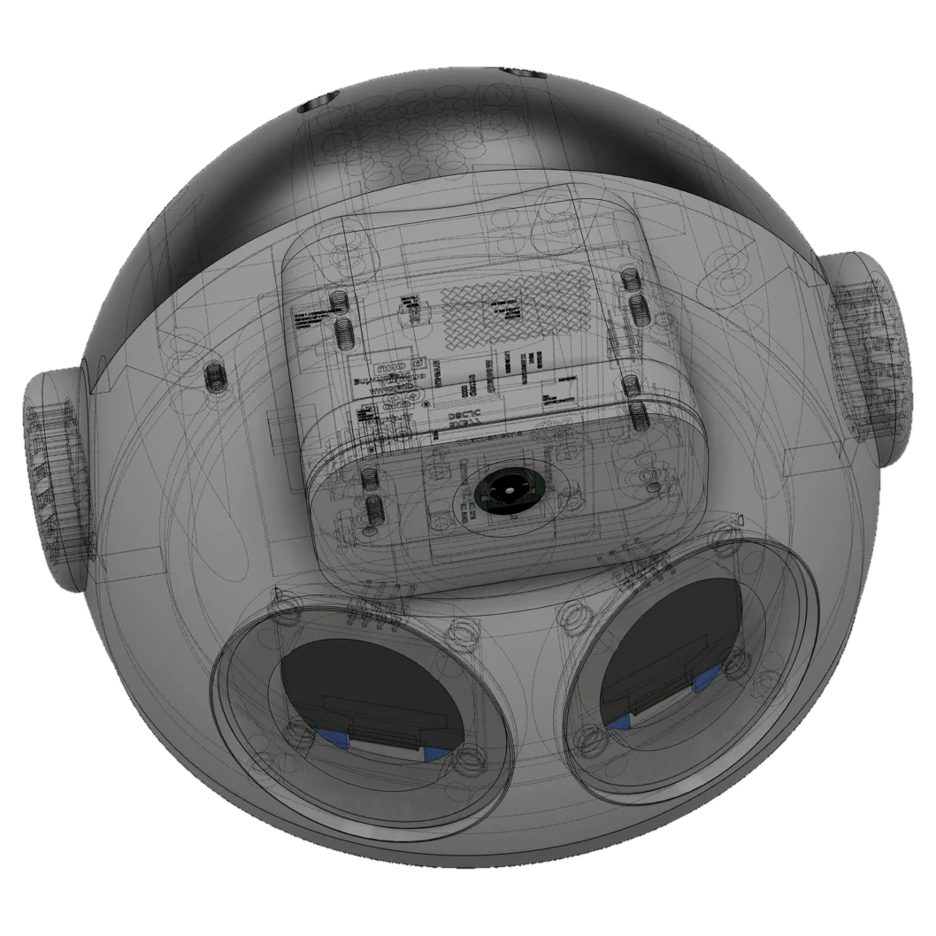 Three-quarter view of Obward's head showing the internal
                                          boards and fasteners through the translucent shell.